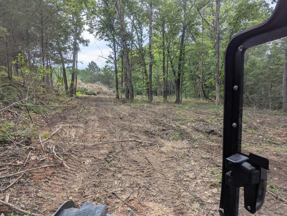 Cleared forest path with trees on either side, viewed from an off-road vehicle.