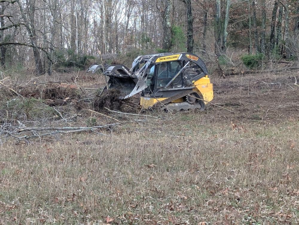 Yellow skid steer in a forest clearing, removing debris and clearing the land.
